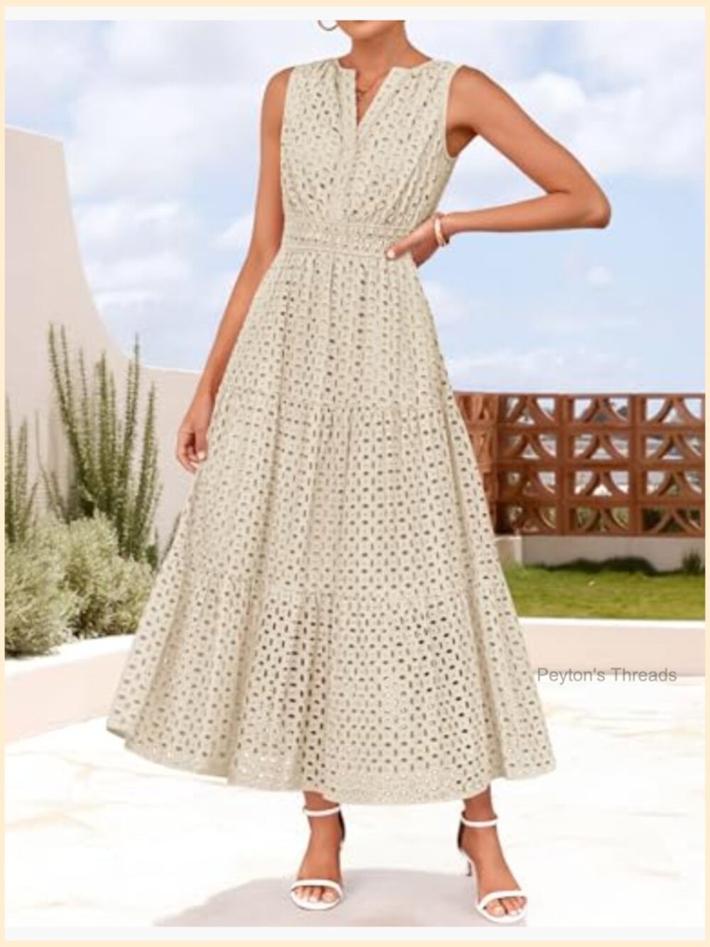 Sleeveless V-Neck Maxi Dress A-Line Empire Waist Flowy Eyelet Casual Party - Picture 4 of 7